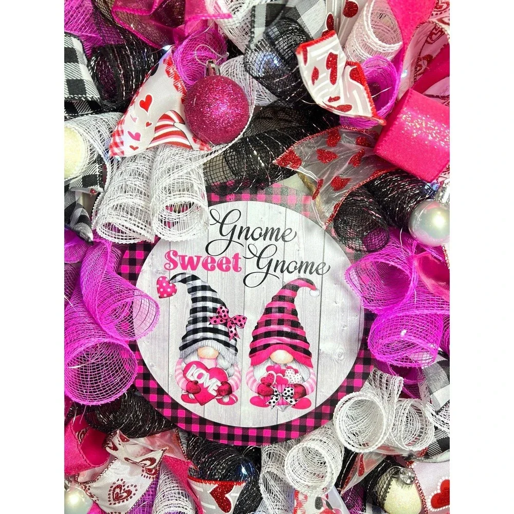 Handmade Valentine’s Gnome Sweet Gnome Ribbon Prelit Wreath 22 ins LED W17